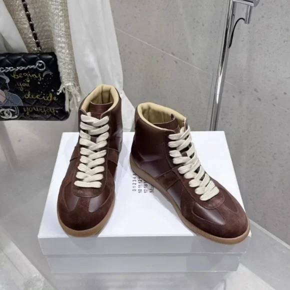 MM6 Maison Martin Margiela Brown High-Top Sneakers with Cream Laces - Picture 1 of 9